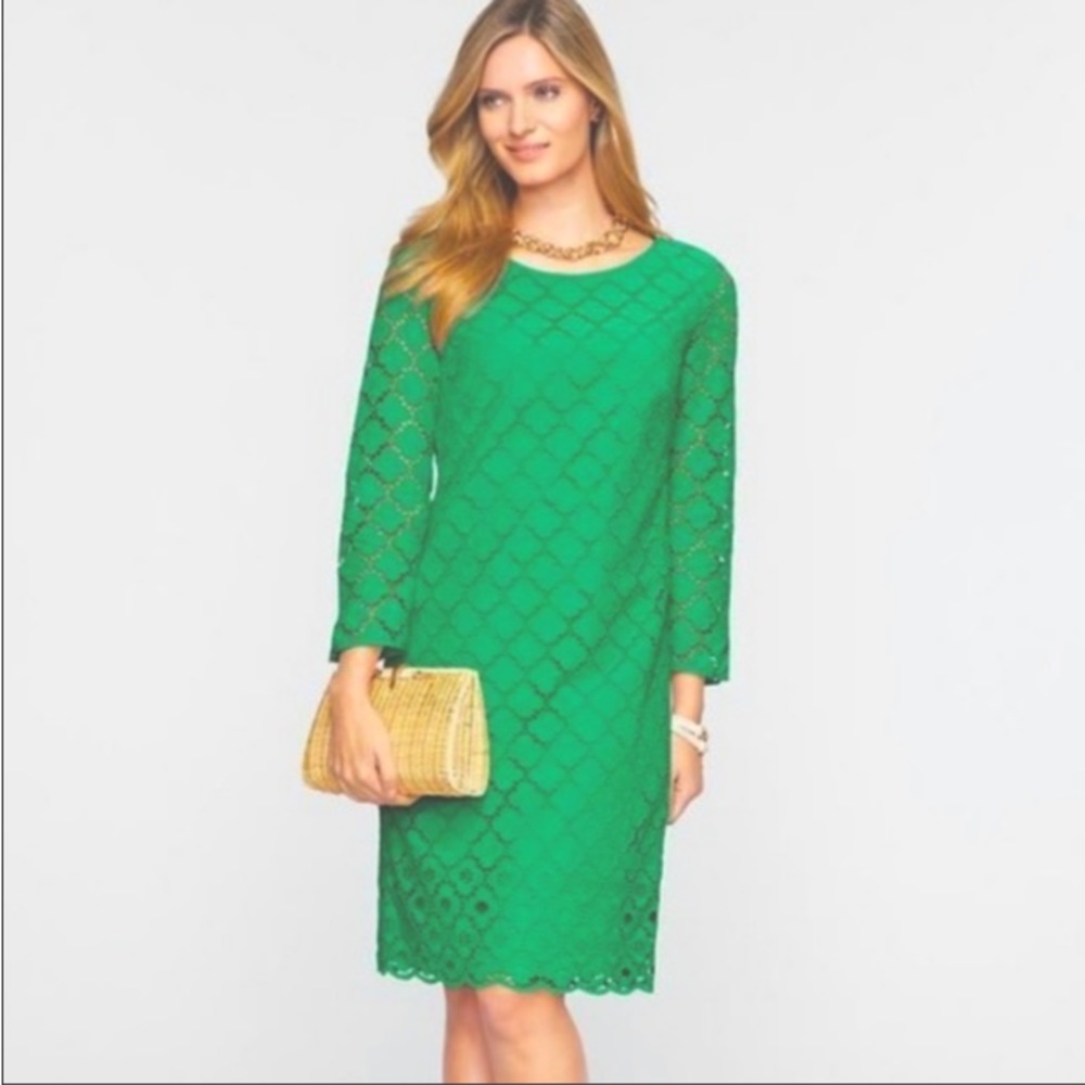Talbots Petite Size 2P Kelly Green Eyelet Lace Sheath Dress 3/4 sleeve NWT
